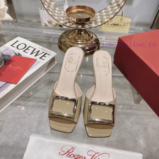 Roger Vivier RV open toed metal square buckle high-heeled slippers with cooldown, new RV earcwv28lv0