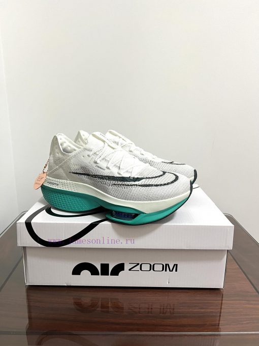 Real shot of Nike Air Zoom Alphafly Next% 2 breathable low top running shoes in white and gredha828o