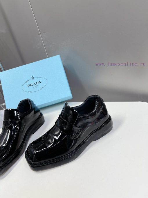 Men's 10PRADA Spring Couple Leather Shoes New Release ️Black open edge pearl cowhide and cowrpgwrulb - Image 4