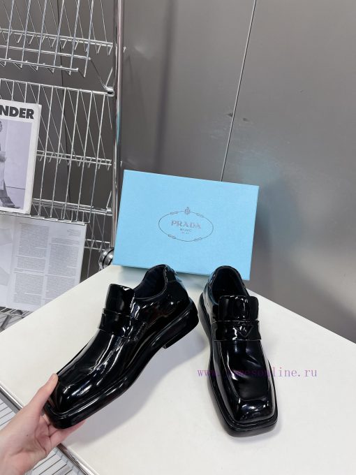 Men's 10PRADA Spring Couple Leather Shoes New Release ️Black open edge pearl cowhide and cowrpgwrulb - Image 5