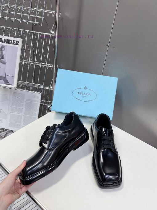 Men's 10PRADA Spring Couple Leather Shoes New Release ️Black open edge pearl cowhide and cowq4dtkja3 - Image 5