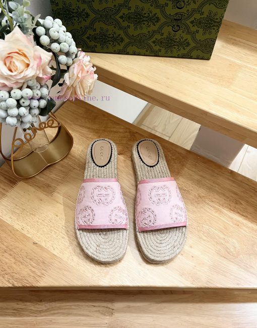 GUCCI Paris 2024 Spring Damita Madeira Embroidered Canvas Hemp Bottom SandalsThe heel size i85yks0vs