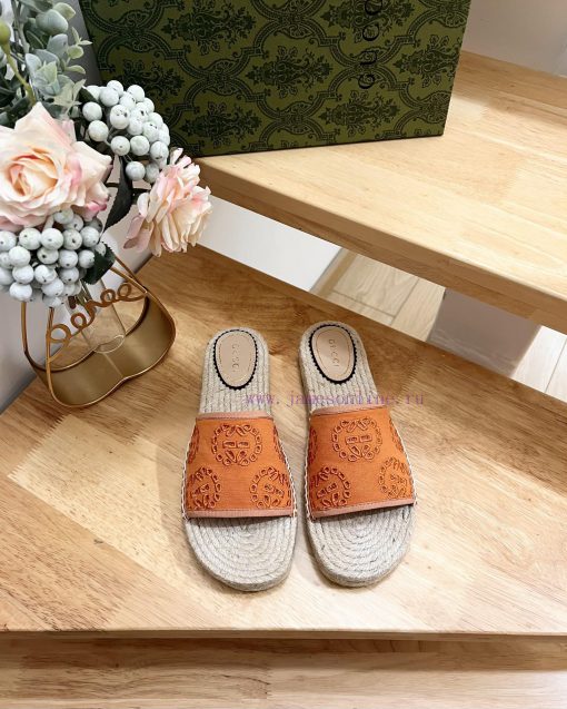 p GUCCI Paris 2024 Spring Damita Madeira Embroidered Canvas Hemp Bottom SandalsThe heel size4fy1l4uh - Image 2