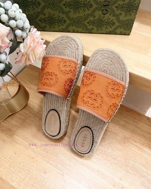 p GUCCI Paris 2024 Spring Damita Madeira Embroidered Canvas Hemp Bottom SandalsThe heel size4fy1l4uh - Image 10
