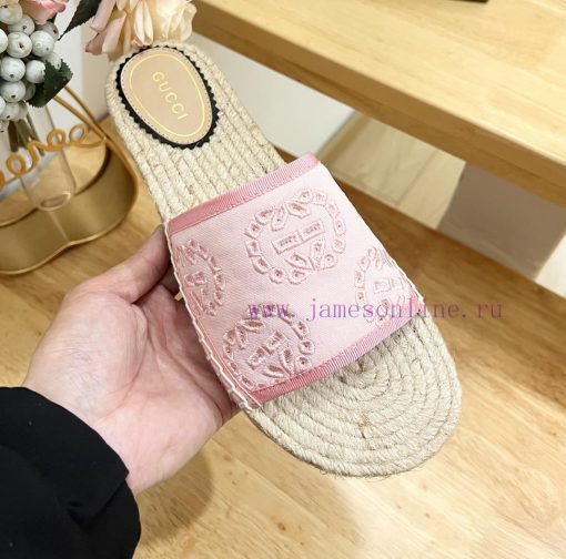 GUCCI Paris 2024 Spring Damita Madeira Embroidered Canvas Hemp Bottom SandalsThe heel size i85yks0vs - Image 9