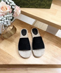 GUCCI Paris 2024 Spring Damita Madeira Embroidered Canvas Hemp Bottom SandalsThe heel size iktpobr9n