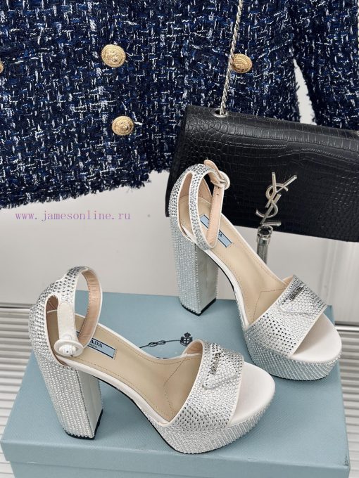 PRADA/PRADA Classic Triangle DiamondOne word thick heel Hentian high sandalsSpring/Summer Ho8we9m4z6 - Image 4