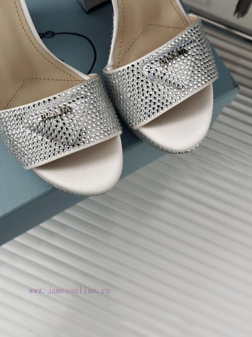 PRADA/PRADA Classic Triangle DiamondOne word thick heel Hentian high sandalsSpring/Summer Ho8we9m4z6 - Image 8