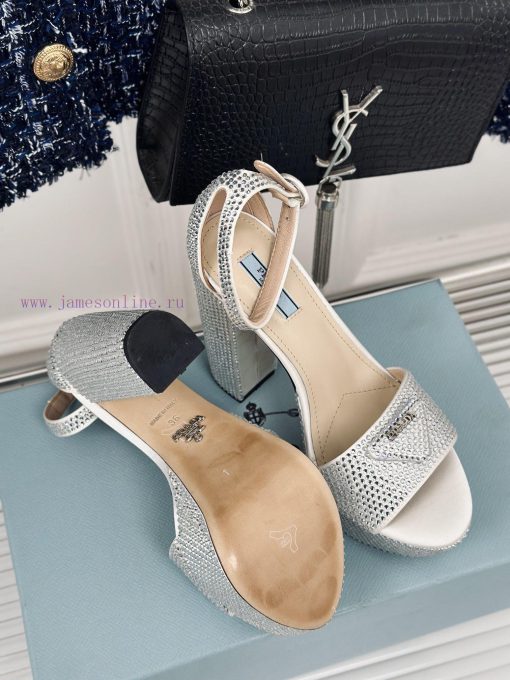 PRADA/PRADA Classic Triangle DiamondOne word thick heel Hentian high sandalsSpring/Summer Ho8we9m4z6 - Image 10