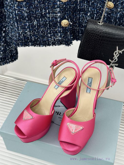 PRADA/PRADA Classic Triangle DiamondOne word thick heel Hentian high sandalsSpring/Summer Hobtr1efq4 - Image 3