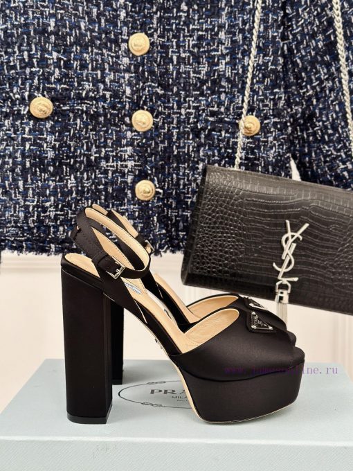 PRADA/PRADA Classic Triangle DiamondOne word thick heel Hentian high sandalsSpring/Summer Hohs4f5zgj - Image 2
