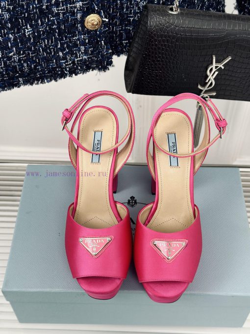 PRADA/PRADA Classic Triangle DiamondOne word thick heel Hentian high sandalsSpring/Summer Hobtr1efq4 - Image 5