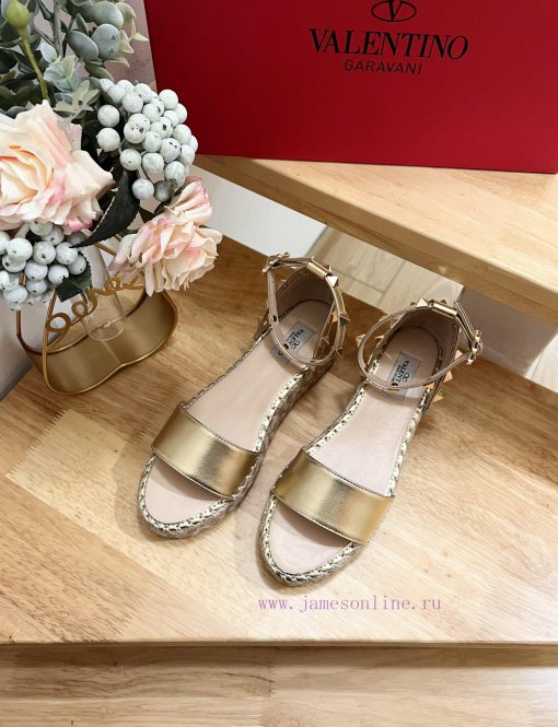 Valentino Garavani Lychee Leather Strap Wedge Sandals-Metal effect processing rivet decoratiotvx5z4f - Image 5