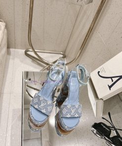 LV Water Platform Coarse Heel Sandals with Super Quality and Explosive Denim Design Originalhimn92k0