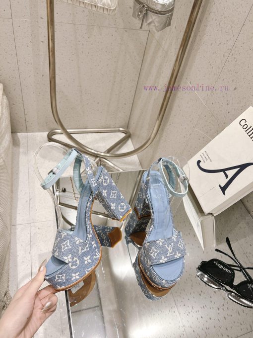 LV Water Platform Coarse Heel Sandals with Super Quality and Explosive Denim Design Originalhimn92k0 - Image 4