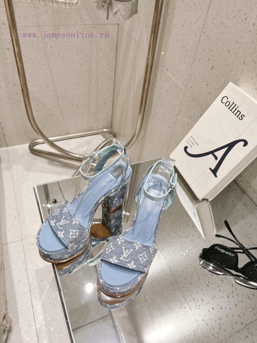 LV Water Platform Coarse Heel Sandals with Super Quality and Explosive Denim Design Originalhimn92k0 - Image 5