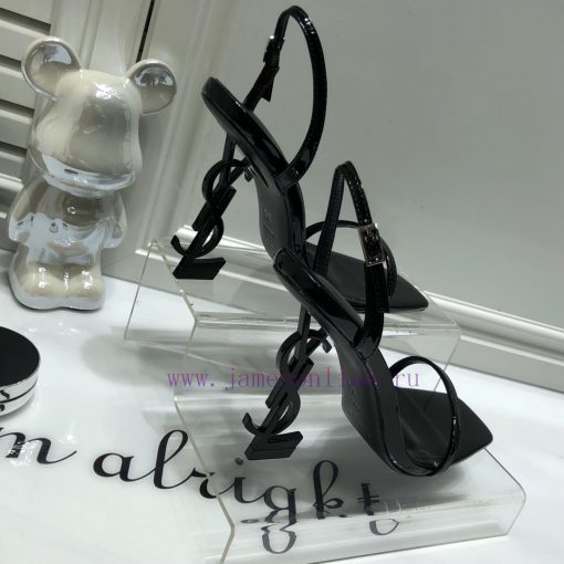 Saint Laurent 2024 new sandals with YSL letter logo heel and square toe, slim ankle strap toih76a35v - Image 8