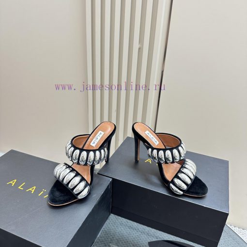 Black Color 380ALAIA24 spring/summer silver metallic suede sandals have insights into women'x8y9l2dr - Image 4