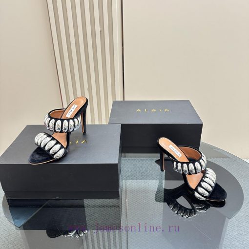 Black Color 380ALAIA24 spring/summer silver metallic suede sandals have insights into women'x8y9l2dr - Image 7