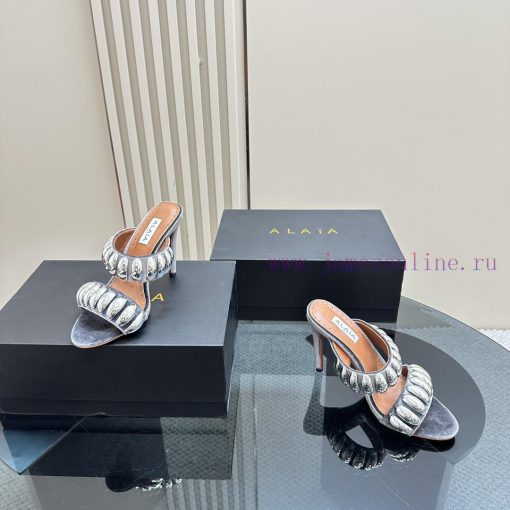 Black Color 380ALAIA24 spring/summer silver metallic suede sandals have insights into women'n9jhxxm0 - Image 7