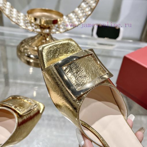 Roger Vivier RV open toed metal square buckle high-heeled slippers for cooldown, new RV earlhio2bety - Image 9