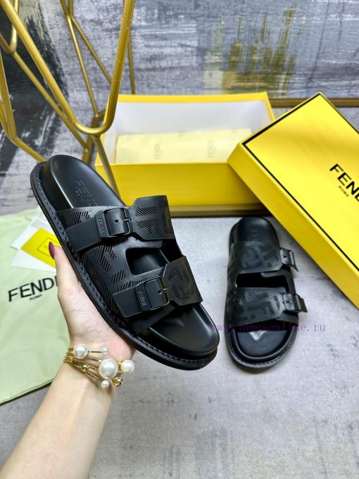 FENDI's latest popular double strap flat slippers, laser engraved FF pattern on black cowhidnyhzvalv - Image 2