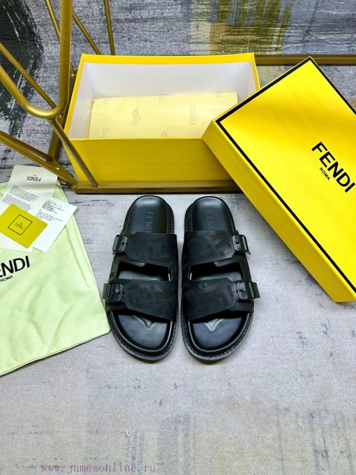 FENDI's latest popular double strap flat slippers, laser engraved FF pattern on black cowhidnyhzvalv - Image 4
