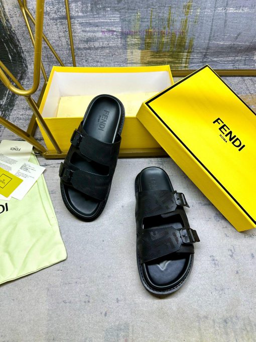 FENDI's latest popular double strap flat slippers, laser engraved FF pattern on black cowhidnyhzvalv - Image 5
