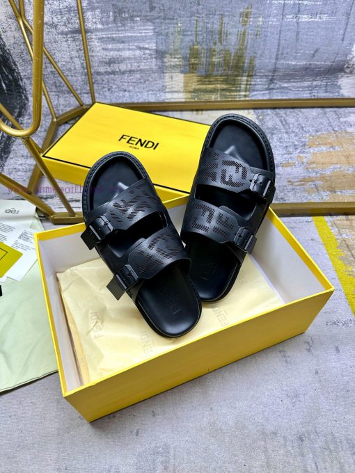 FENDI's latest popular double strap flat slippers, laser engraved FF pattern on black cowhidnyhzvalv - Image 7
