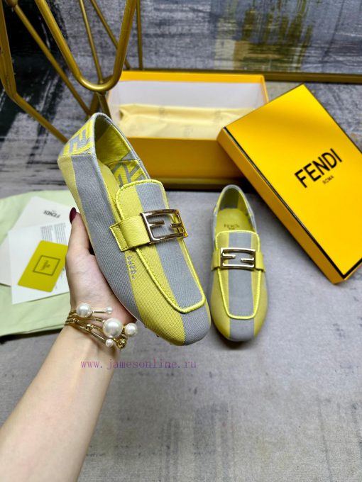 Latest FENDI loafers, two tone striped canvas fabric, embroidered edging, gold buckle, sheepw460h6b0 - Image 2