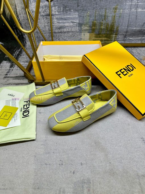 Latest FENDI loafers, two tone striped canvas fabric, embroidered edging, gold buckle, sheepw460h6b0 - Image 3