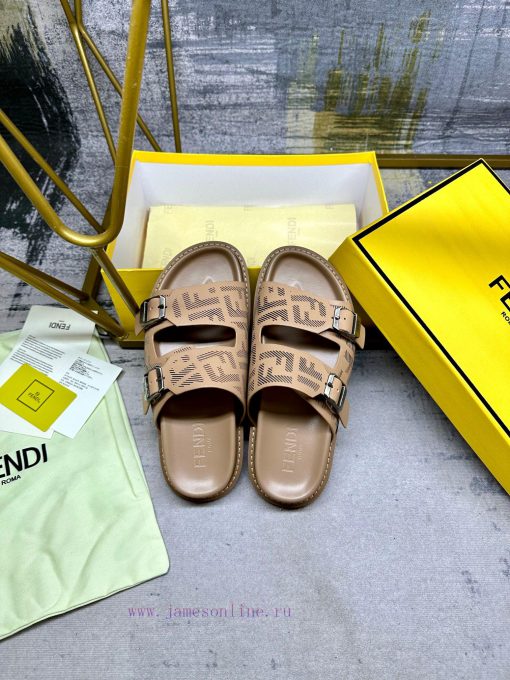 FENDI's latest popular double strap flat bottom slippers, laser engraved FF pattern on brown8gu8b5nc - Image 5