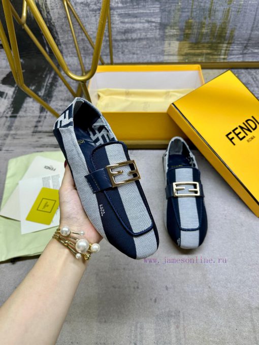 Latest FENDI loafers, two tone striped canvas fabric, embroidered edging, gold buckle, sheepzgnfqu32