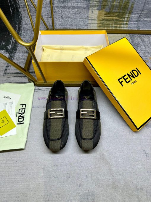 Latest FENDI loafers, two tone striped canvas fabric, embroidered edging, gold buckle, sheepl7elcf27 - Image 4
