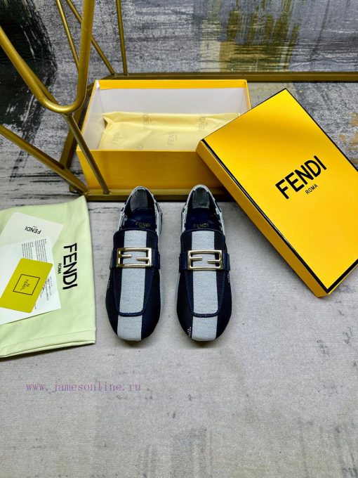 Latest FENDI loafers, two tone striped canvas fabric, embroidered edging, gold buckle, sheepzgnfqu32 - Image 4