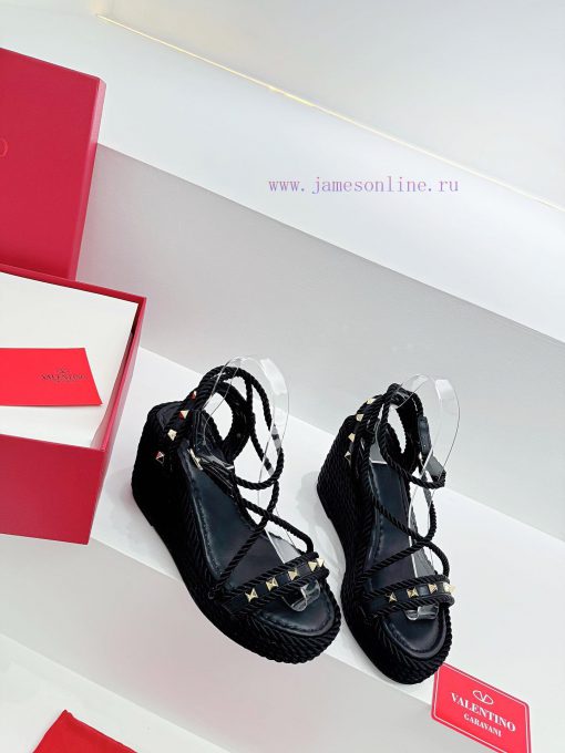 Valentino's new riveted hemp rope woven wedge heel sandals Simple and super versatile Perfeckfceltfv - Image 3