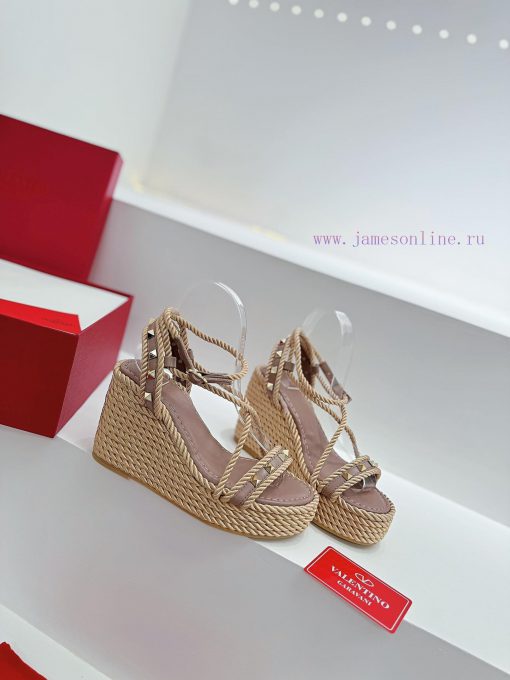 Valentino's new riveted hemp rope woven wedge heel sandals Simple and super versatile Perfecct1aztmf - Image 3