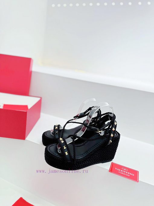 Valentino's new riveted hemp rope woven wedge heel sandals Simple and super versatile Perfeckfceltfv - Image 5