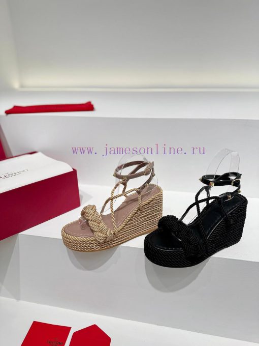 Valentino's new riveted hemp rope woven wedge heel sandals Simple and super versatile Perfecd2zmaadf - Image 2