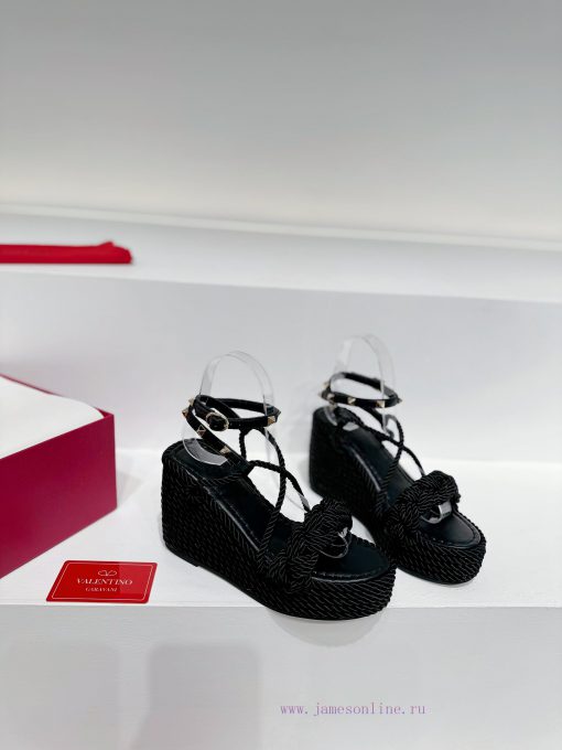 Valentino's new riveted hemp rope woven wedge heel sandals Simple and super versatile Perfecd2zmaadf - Image 3