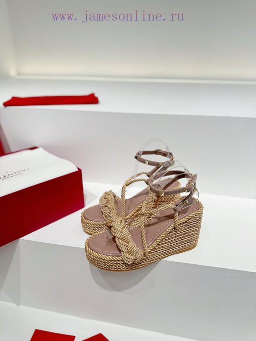 Valentino's new riveted hemp rope woven wedge heel sandals Simple and super versatile Perfec2h383krm - Image 2