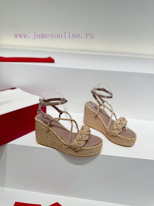 Valentino's new riveted hemp rope woven wedge heel sandals Simple and super versatile Perfec2h383krm - Image 3