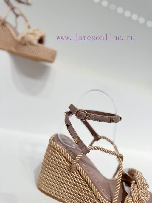 Valentino's new riveted hemp rope woven wedge heel sandals Simple and super versatile Perfec2h383krm - Image 9