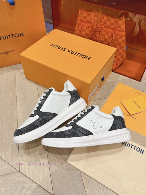 LV new white shoes men's checkerboard seriesGrid color blocked pure cowhide 3D printed breatxewqsk1b - Image 5