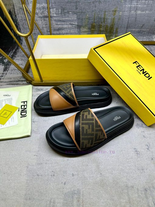 FENDI's latest wide padded slippers with brown FF jacquard and brown cowhide stitching, blacojexm7uv - Image 3