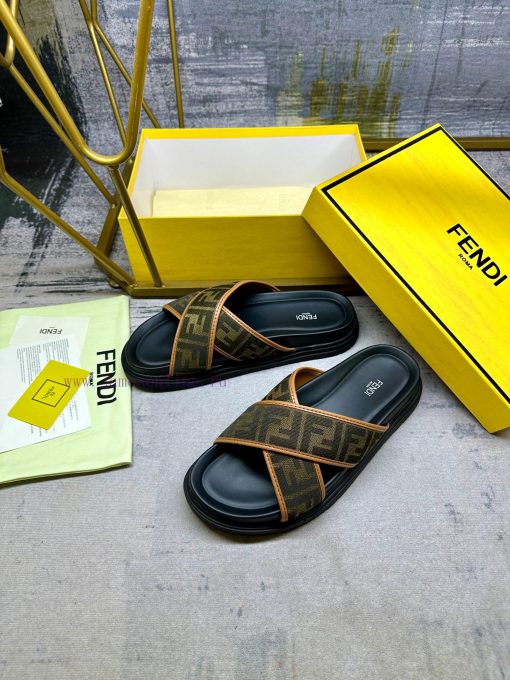 FENDI cross strap slippers, brown FF jacquard fabric, detailed brown leather decoration, nonr5y28g49 - Image 3