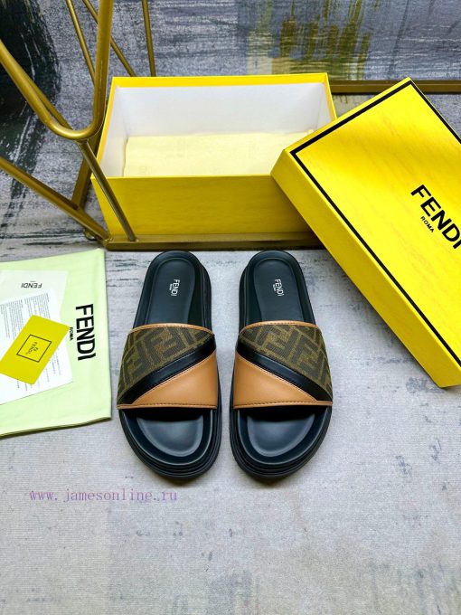 FENDI's latest wide padded slippers with brown FF jacquard and brown cowhide stitching, blacojexm7uv - Image 4