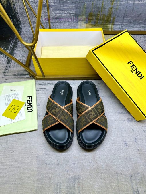 FENDI cross strap slippers, brown FF jacquard fabric, detailed brown leather decoration, nonr5y28g49 - Image 4