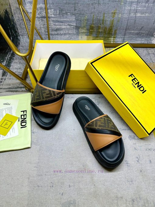 FENDI's latest wide padded slippers with brown FF jacquard and brown cowhide stitching, blacojexm7uv - Image 5