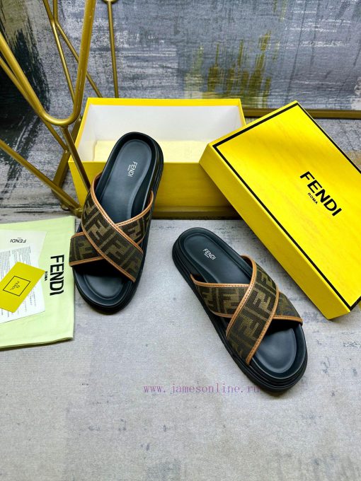 FENDI cross strap slippers, brown FF jacquard fabric, detailed brown leather decoration, nonr5y28g49 - Image 5